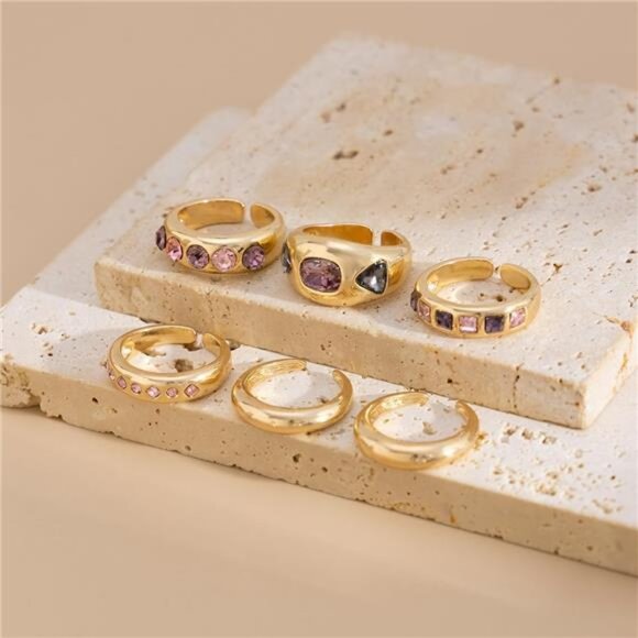 ✨ Chunky Gold Rings Set | Hollow Diamond Adjustable Stackable Statement Rings - Picture 4 of 5